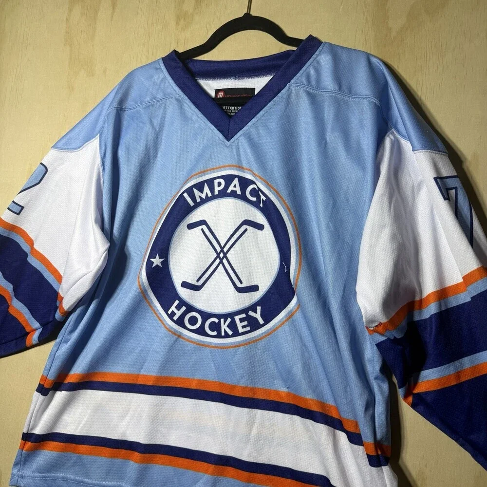 Impact Hockey Mens Small Jersey Carlson‎ 72 Blue Orange V Neck Hockey Shirt